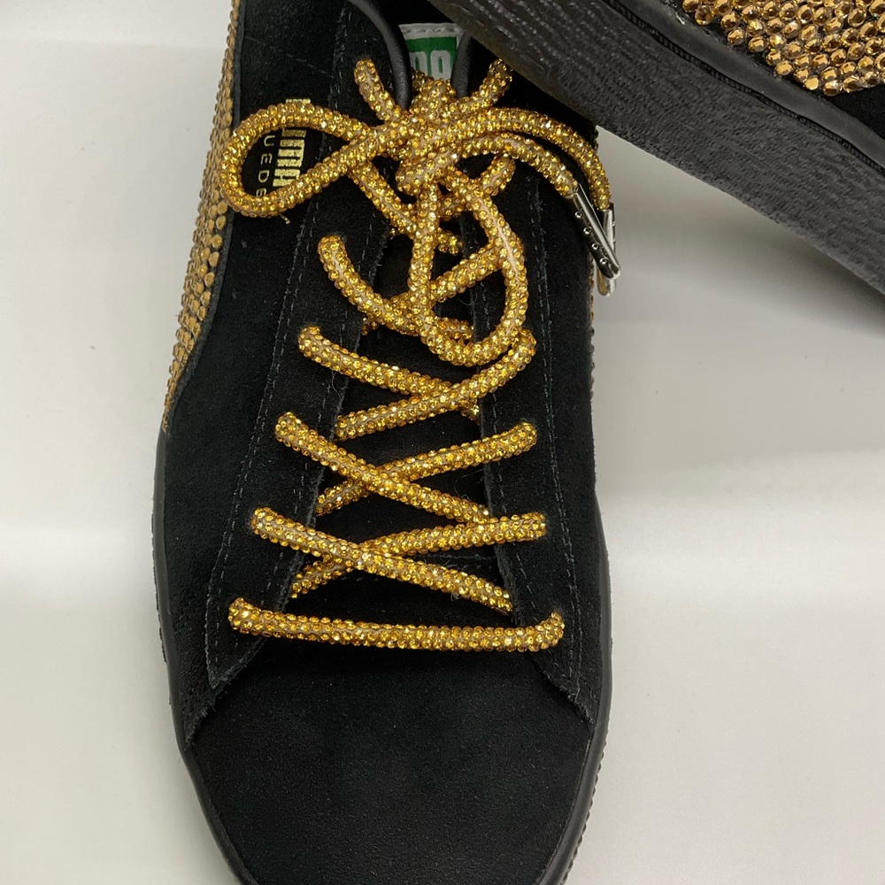 PUMA SUEDE CLASSIC Sneakers Womans 8 W/GOLD Swavorski Stones & Laces! BLK/BLK - Picture 5 of 12